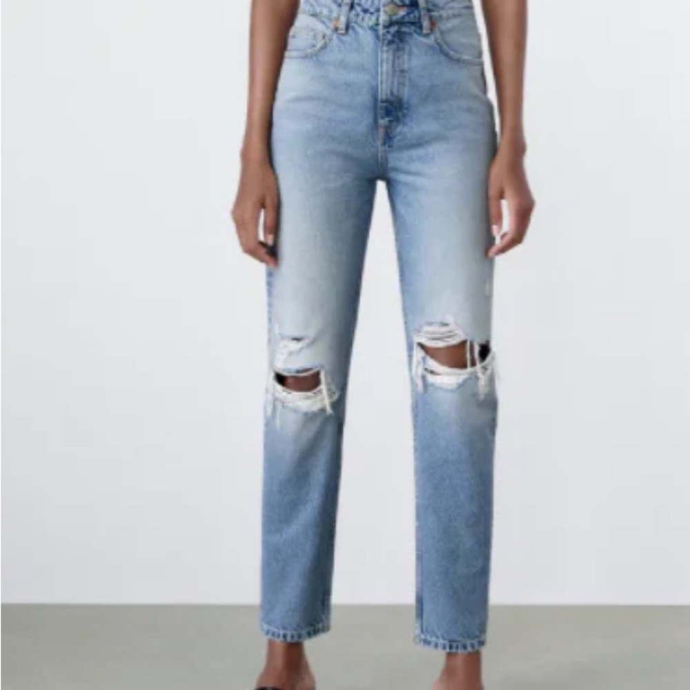 Zara Light Blue Distressed Straight Leg Jeans